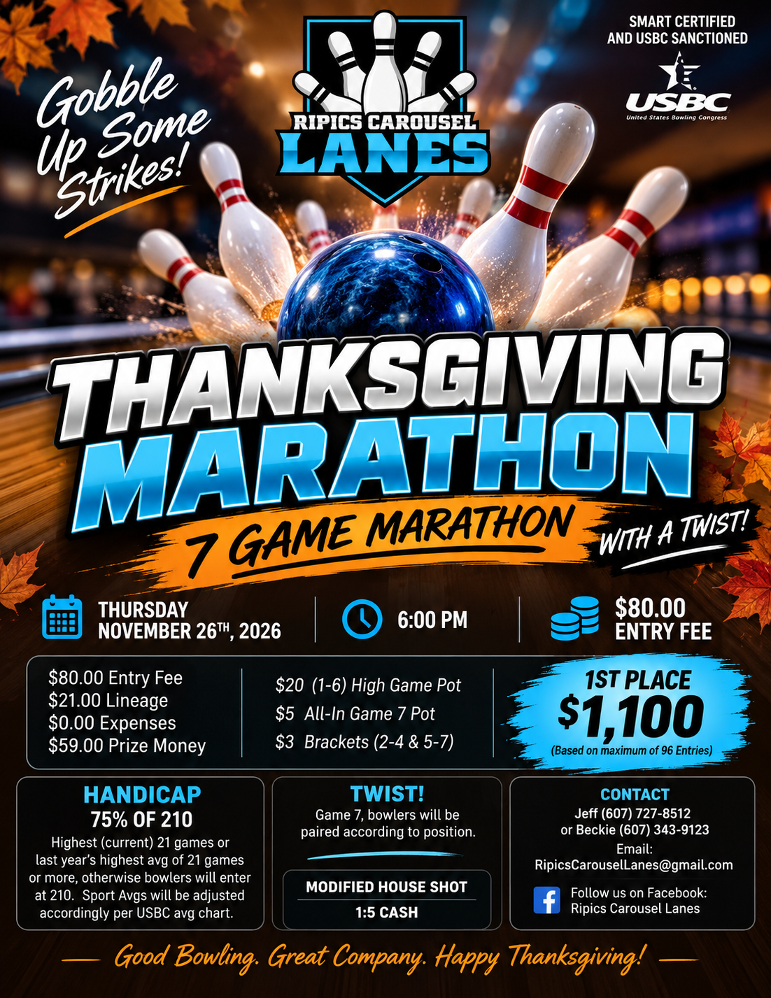 Thanksgiving Marathon 7 game tournament at Ripics Carousel Lanes flyer